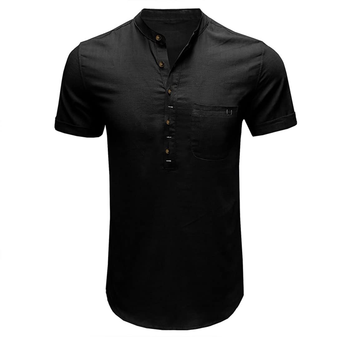 Maglietta da uomo in cotone e lino camicia casual Henley a maniche corte, Come mostrato, S