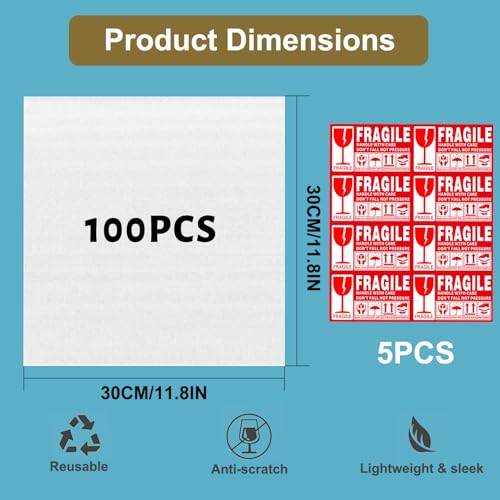 100 Stück Luftpolsterfolie Schaumstoffverpackung für Umzugskartons - Schaumfolie für Umzug, Lagerung, Geschirr, Gläser, und Weinflaschen (30x30cm)