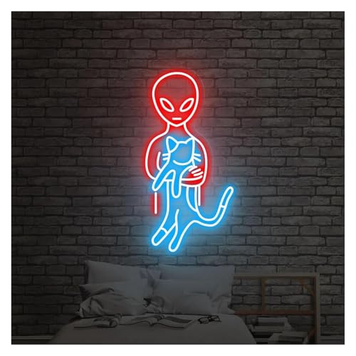 PTHEN Décor Mural Lumière Enseigne Au Néon Chat OVNI, Enseigne Au Néon Extraterrestre, Décoration De Chambre À Coucher, Lampe D'art, Décoration Murale...