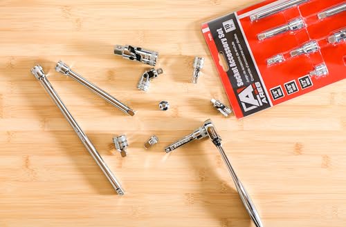 Image of ARES 71270-10-Piece Socket Accessory Set - Premium Chrome Vanadium Steel with Mirror Finish - Includes Socket Adapters, Extensions and Universal Joints