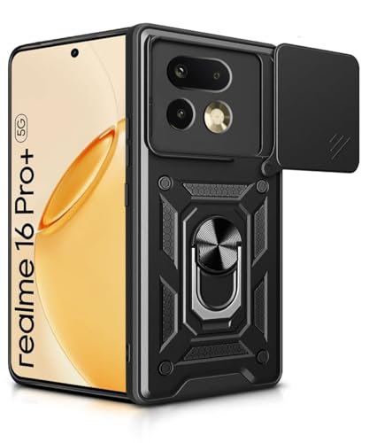 Image of WOW IMAGINE Tough Armor Bumper Mobile Back Case for Realme 16 Pro Plus 5G | Sliding Camera Cover | Shock Proof 360 Protection | Hybrid PC + TPU | Ring Holder with Kickstand - Black