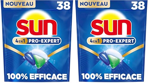 Sun - Pro Expert - Pastilles Lave Vaisselle - Action 4 en 1 - Regular - Elimine 100% des taches brûlées de +72h - dégraissent en Profondeur - 38 Capsules (Lot de 2)