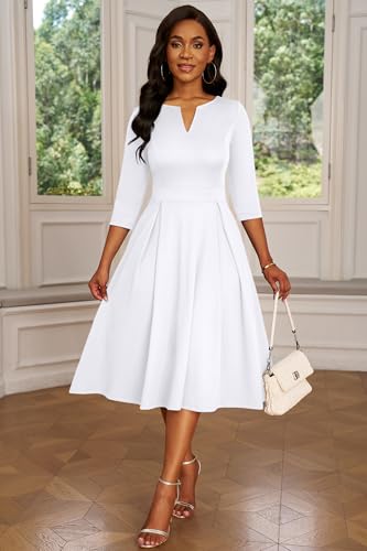 Image of Nmoder Women's A-Line Midi Dress 3 /4 Sleeve V-Neck with Pockets | Midi dress for work, church, flattering high-waist A-line back zipper for easy on /off, side pockets for convenience
