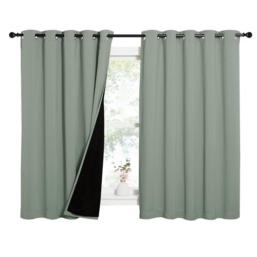 Image of NICETOWN Greyish Green 100% Blackout Lined Curtains, 2 Thick Layers Completely Blackout Window Treatment Thermal Insulated Drapes for Kitchen /Bedroom (1 Pair, 62 inch Width x 63 inch Length Each Panel)
