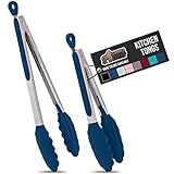 Gorilla Grip Stainless Steel Kitchen Tongs, 2 Piece Set Includes 9 and 12 Inch Locking Tong, Heat...