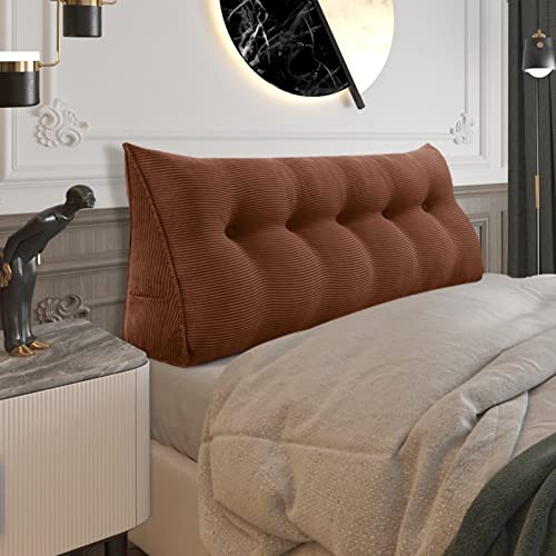 Fully Stuffed Thicken Headboard Pillow Queen Padded Headboard Soft and Firm Support Large Bolster Triangular Bed Wedge Pillow Backrest Positioning Bed Rest Reading Pillows for Bed Corduroy Coffee