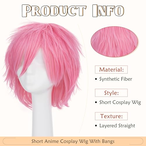 Image of S-noilite Unisex Short Dark Pink Wig Women Mens' Anime Cosplay Wig Straight Shaggy Spiky Pixie Wigs Heat Resistant Syntehtic Hair for Halloween Comic-cons Costume Party