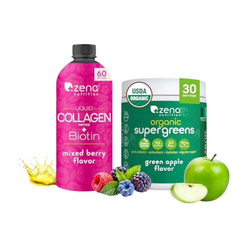 Zena Nutrition Liquid Collagen Peptides and Biotin, Mixed Berry 20.3 Fl Oz + Organic Supergreens Greens Powder, 70+ Superfoods, Green Apple, 30 Servings