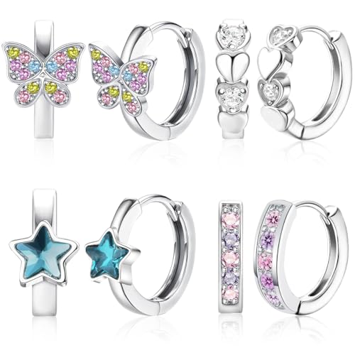 4 Paar Ohrringe Mädchen Silber, Rosa/Blau Herz Stern...