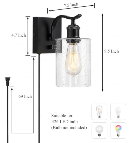 Image of Set of 2 Plug in Black Seeded Glass Wall Sconces, Dimmable Farmhouse Bathroom Wall Mount Light, Vanity Lighting Fixtures,Indoor Metal Wall Lamp for Living Room Bedroom Kitchen Hallway