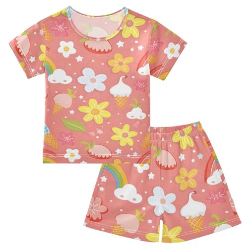 ALAZA Rainbow Ice Cream Strawberry Pajamas Short Sleeve 2 Piece Sleepwear Top and Bottom Pajama Set Unisex