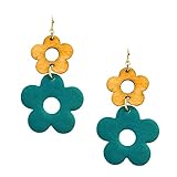 Bello Bee Double flower Fashion Wood Leather Daisy Dangle Earrings 2’’. (Green)