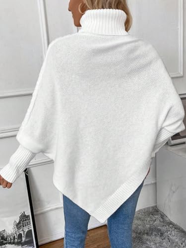 Image of MakeMeChic Women's Turtleneck Cable Knit Poncho Sweater Asymmetrical Long Sleeve Pullover Top White Large
