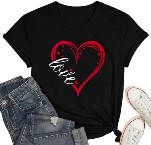 Womens Valentines Shirts Cute Love Heart Tshirts Funny Teen Girl's Valentine's Short Sleeve