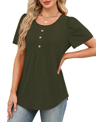 Image of Womens Tops Dressy Casual Blouses Short Sleeve Shirts Plus Size Fashion Clothing Spring Summer Outfits Button Pleated Front