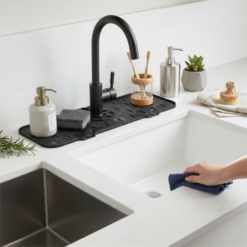 Deconox Silikon Musluk Matı ve Lavabo Sıçrama Önleyici – Mutfak ve Banyo İçin Su Tahliyeli Tezgah Koruyucu, Sünger ve Sabunluk Düzenleyici, Kaymaz Musluk Arkası Kurutma Pedi (ASORTİ)