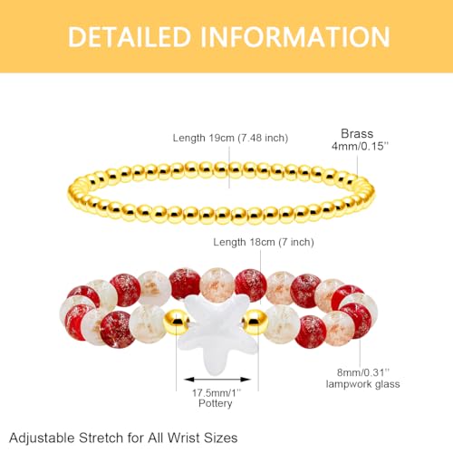 Image of 2 Christmas Couple Bracelets, Santa /Christmas Starfish /Christmas Tree Charm and 4mm Brass Beaded Stretch Bracelet for New Year Gifts for Family and Friends
