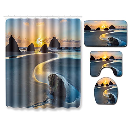 Badteppich Sonnenuntergang Meer Steine Badezimmerteppich Set 3 Teilig, 1 Badematte rutschfeste (50x80)+1 U-Typ… – Bild 3
