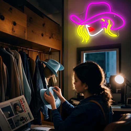 Image of Cowboy Hat Neon Signs for Wall Decor LED Pink Cowgirl Boot Neon Sign Pink Aesthetic Western Wall for Game Room Room Bar Party Birthday Gift (Cowboy Hat Girl)