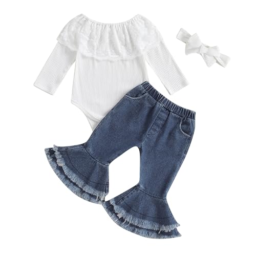 Image of fhutpw Newborn Baby Girl Clothes Infant Rib Frill Long Sleeve Romper Flared Pants Headband Set 3pcs Fall Winter Outfits