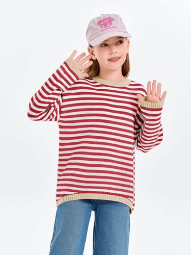 Haloumoning Girls Sweaters Casual Long Sleeve Crewneck Striped Color Block Knit Pullover Tops 5-14Y2