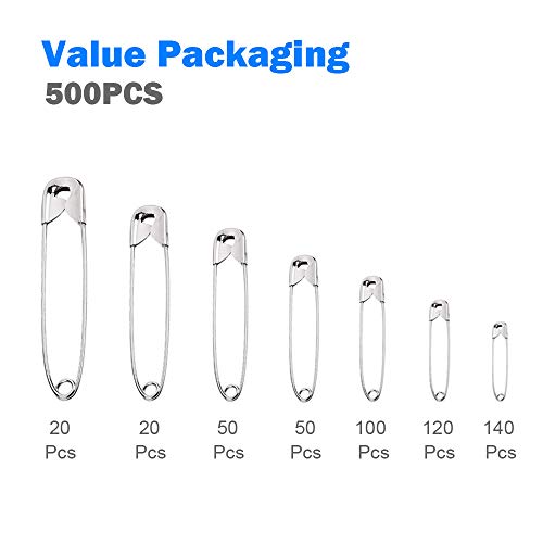 500PCS Safety Pin Set, Large afety Pin There are 7 Kinds of Classification Size 19mm-55mm, and Durable Metal Pins, Can be Used for Office, Home, Clothes Cloth Arts DIY Handbags Jewelry