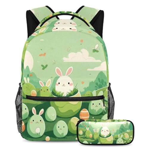 Cartable enfant lapin de Pâques vert avec trousse 2 pièces