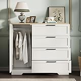 GarveeHome Wood Armoire Wardrobe Closet with 4 Drawers and Door, 43.3 in H Bedroom Wardrobe Cabinet with Hanging Rod, Clothing Storage Cabinets, 4 Drawers Dresser with Storage Closet, White