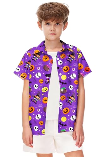 Image of Remimi Unisex Kids Halloween Shirt Boys Pumpkin Ghost Shirts Hawaii Button Up Tops 5-14 Years