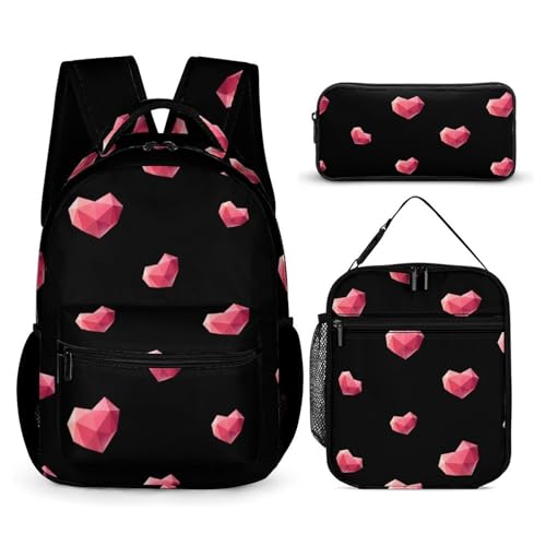 Geometry Heart Funny Backpack Set Lunch Bag Pencil Case Makeup Bag 3 in 1 for Men Women Travel
