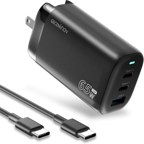 GECENinov 65W USB C Charger Block, GaN 3-Port Fast Compact Foldable Wall Charger, Type C Power Adapter with 5 Feet USB C Cable for iPhone iPad MacBook Air/Pro, Galaxy, Laptop,etc (Black)