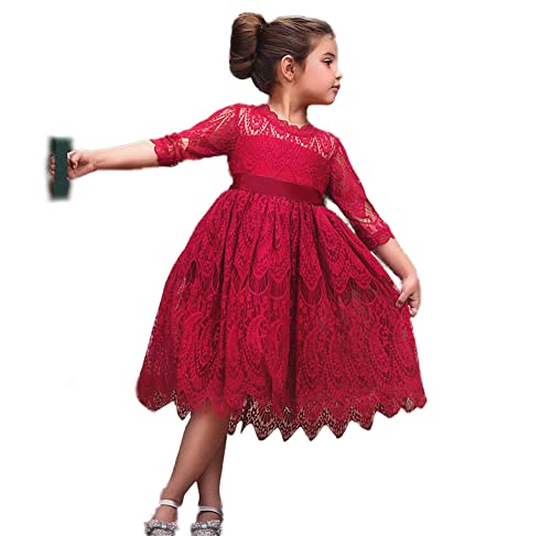 Prinzessinnenkleid für Kinder, Baby, Mädchen, einfarbig, aus Spitze, mit Schleife, Blume, Partykleid, Hochzeit, Kleid mit 3/4-Ärmel, elegant, rot, 4-5 Jahre Cover