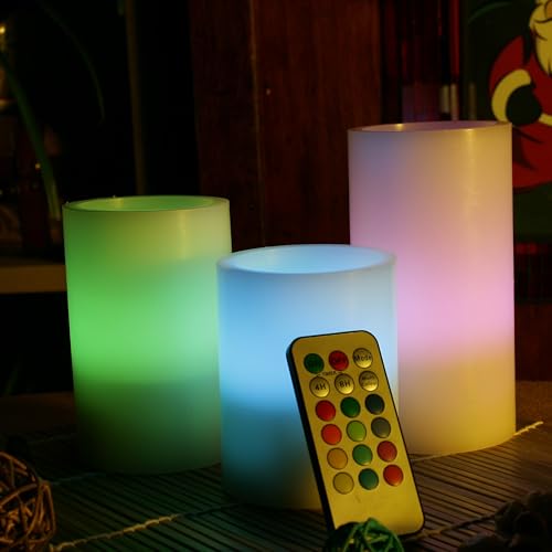 Image of CANDLE CHOICE Battery Operated Color Changing Flameless Candles with Remote Timer Real Wax Realistic Flickering Electric Multicolor LED Pillars Lights for Home Wedding Christmas Decorations 3 Pack