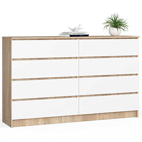 AKORD Cassettiera K 160 cm | 8 Cassetti | Moderna Mobiletto per il soggiorno Camera da letto Armadio Soggiorno Bagno | Salvaspazio | 160 x 99 x 40 cm | Quercia di Sonoma |Bianco