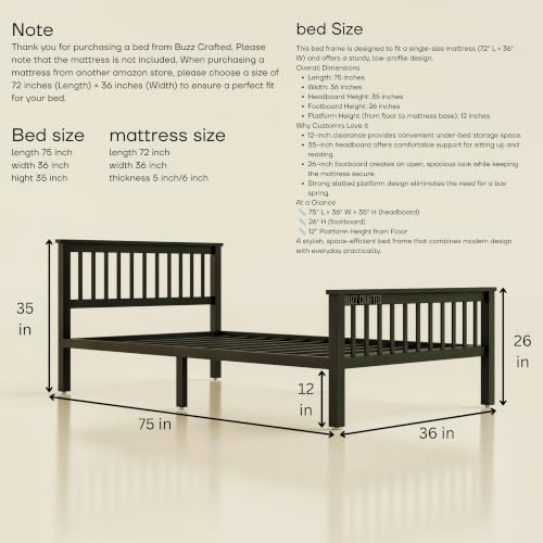 Image of Single Size Metal Bed Frame | SingleSize Metal Bed | Heavy Duty Iron Bed | Steel Bed Single Size | Metal Platform Bed | Single Cot | Iron Cot Single | Metal Slats |No Box Spring Needed |Black