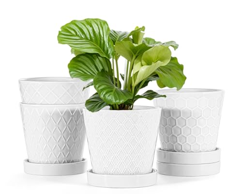 Image of EFISPSS Flower Planter -5 inch Ceramic Plant Pots with Drainage Holes and Ceramic Tray - Gardening Home Desktop Office Windowsill Decoration Gift Set of 4 - Plants NOT Included (White)