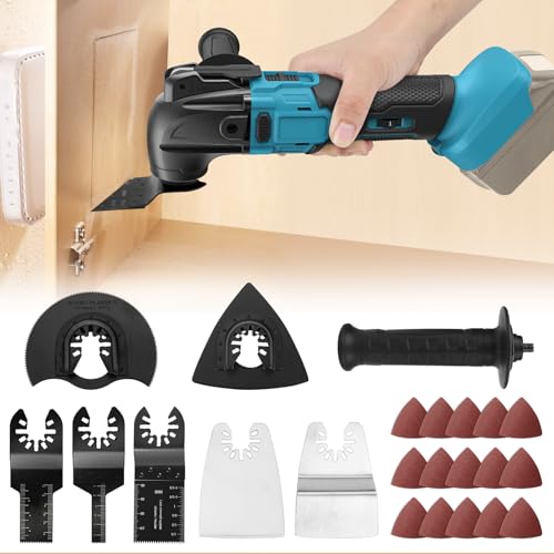 Akku Multifunktionswerkzeug Kompatibel für Makita 18V Akku, Multitool Oszillierwerkzeug mit 23 Zubehör 600W Bürstenlos 6-Gang 8500-22000RPM zum Schneiden Schnitzen Bohren Schleifen (Ohne Batterie)