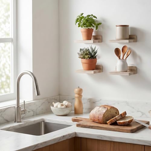 Image of Fixwal Small Floating Shelves for Wall (Light Carbonized, Set of 4, 5Inch) | Rustic wood shelf for displaying mini frames, plants, collectibles. Fits bedroom, living room, bathroom, kitchen, or office.