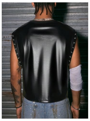 Men's Grunge PU Leather Tank Top Crew Neck Sleeveless Eyelet Grommets Summer Tank Shirt Streetwear2