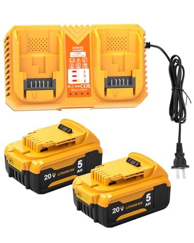LiBatter 2Packs 5.0Ah Battery Replacement for Dewalt 20v Battery with DCB102 Battery Charger Station (Yellow)