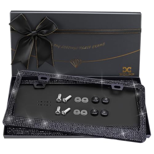 XCLPF Bling License Plate Frame for Women 2PCS Rhinestone License Plate Frames| Over 1200 pcs14 Facets Bedazzled Clear Glass Diamond Sparkly Crystals w/Free Glitter Diamond Box (Black)