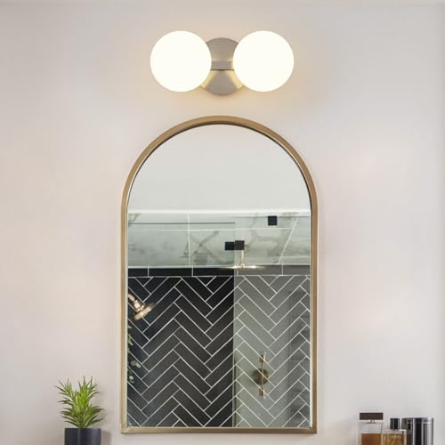 Image of Nickel Globe Wall Sconce,Vanities Lights with 2 Milk Glass Shades. | 6 inch Modern Spherical Vanity Sconces,Contemporary Small Brass Ball Lights Fixture for Entryway Bedside Bathroom,E26 Base