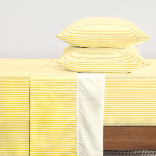 Image of Wake In Cloud - Striped Bed Sheets, 4-Piece Sheet Set, Ticking Vertical Pin Stripe Modern Farmhouse Pattern Printed Bedding, Deep Pocket, Yellow, Full Size