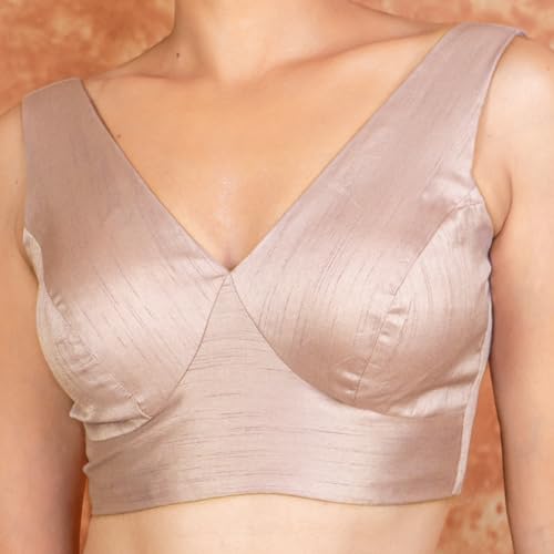 Image of FIGURE'S DESIGNER Women's Dupion Raw Silk Sleeveless V Neck Sabyasachi Cut Readymade Saree Blouse Padded Stitched S4
