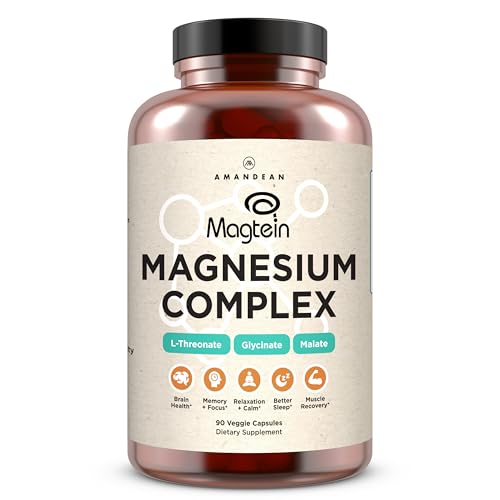 AMANDEAN Magtein Magnesium Complex. L-Threonate Glycinate Malate Triple Blend Chelated Magnesium Supplement. 90 Veggie Capsules. High Absorption Branded Ingredients. Brain Health Sleep Calm*.