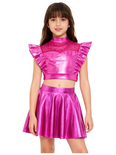 Jupe skater brillante enfants et crop top manches flottantes métalliques danse hip hop