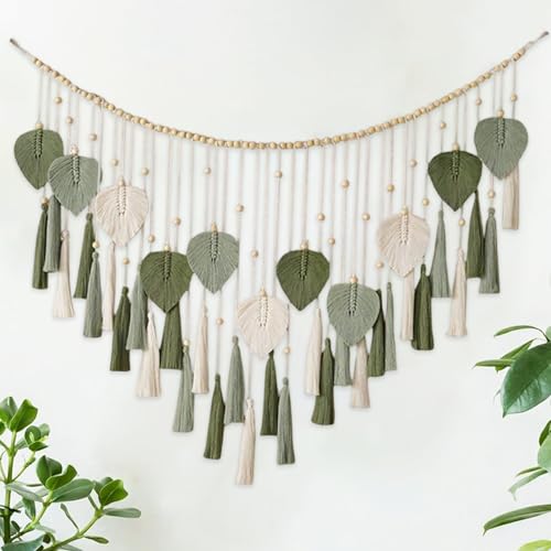 inodiref Grande arazzo da parete in macramè, realizzato a mano, con nappe, con perle di legno, beige, foglie verdi, boho, decorazione da parete per camera da letto, soggiorno e cameretta dei bambini
