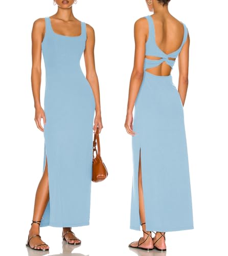 Image of ALENDA DANMOS Women Backless Maxi Dress High Sides Slit Bodycon Tank Dress Twist Low Back Casual Sundress 122