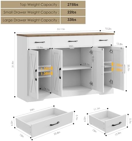 HOSTACK Buffet Cabinet with Drawers, 55" Large Sideboard Buffet Storage Cabinet with Shelves & 4 Doors, Modern Farmhouse Coffee Bar Cabinet Wood Buffet Table for Kitchen, Dining Room, White/Rustic