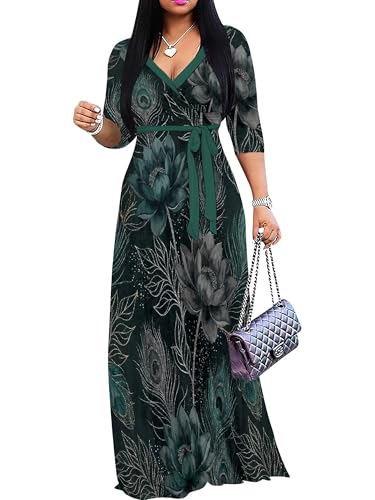 Image of PinkPatty Plus Size Maxi Dresses for Women Casual Flowy Long Dress 3 /4 Sleeve V Neck Wrap Dress with Belt